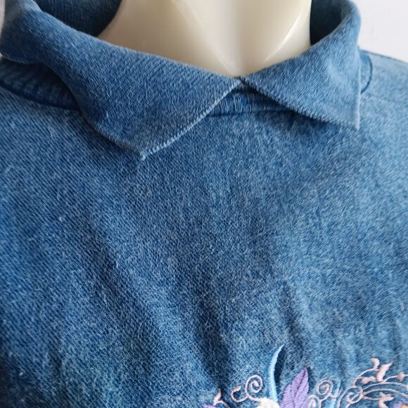 Women's Medium Vintage Sweatshirt Habitat Embroidered Floral Denim Collared Neck - Picture 6 of 8